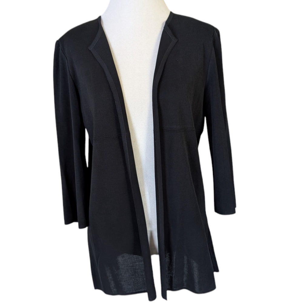 Ming Wang Cardigan Fits Medium Black 3/4 Sleeve Open Solid Side Skits Jacket
